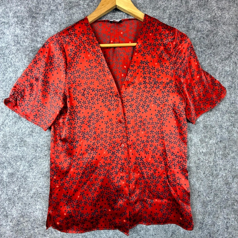 Jigsaw‎ Blouse Top Women 2 Red Floral Silk Ruched Sleeve Office Siren Satin